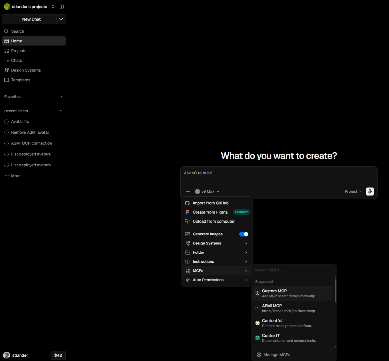 v0's prompt + menu — MCPs, then Manage MCPs