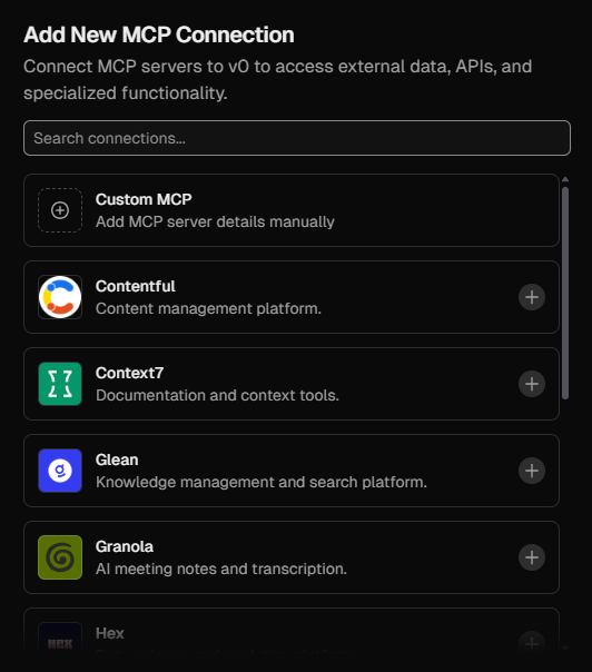 Add New MCP Connection — Custom MCP at the top