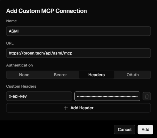 v0's Add Custom MCP Connection — Headers auth with the x-api-key header